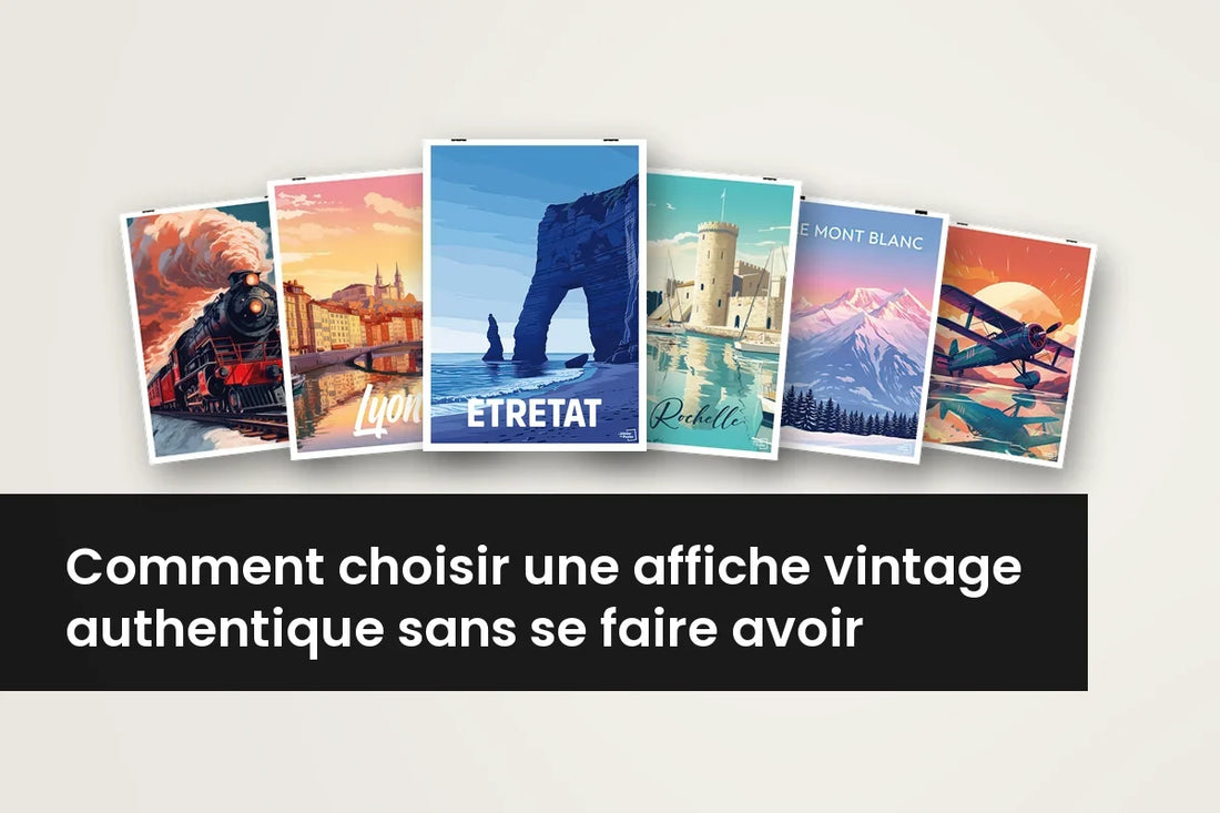 Affiche vintage : trois créations récentes de L'Atelier du Poster, Étretat, un train à vapeur et La Rochelle, suspendues sur un mur gris clair