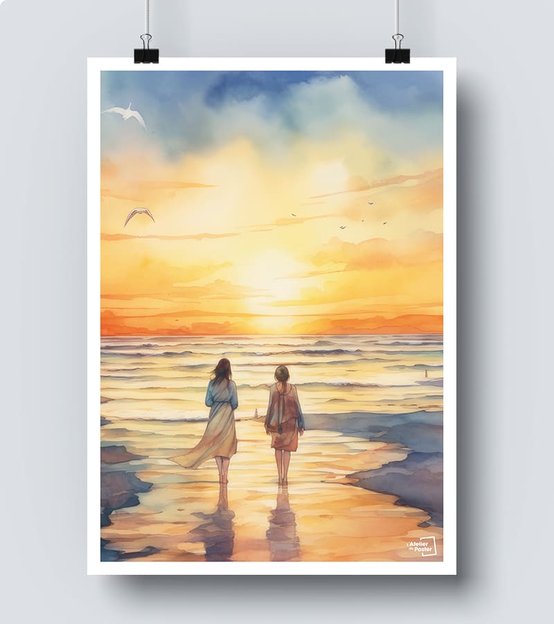 Affiche Enfants sur la plage - Aquarelle