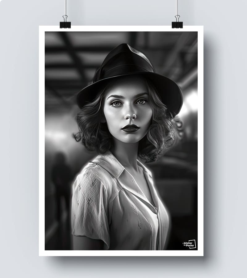 Affiche Femme au Chapeau Noir et Blanc 