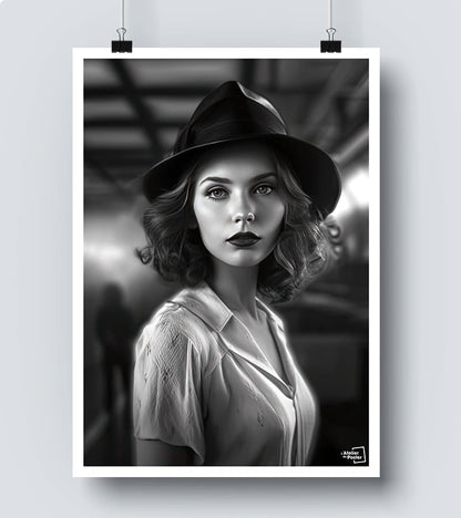 Affiche Femme au Chapeau Noir et Blanc 