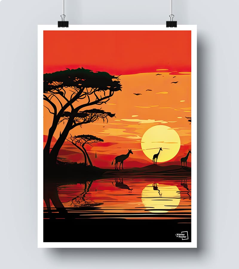 Affiche Paysage d'Afrique avec couché de Soleil