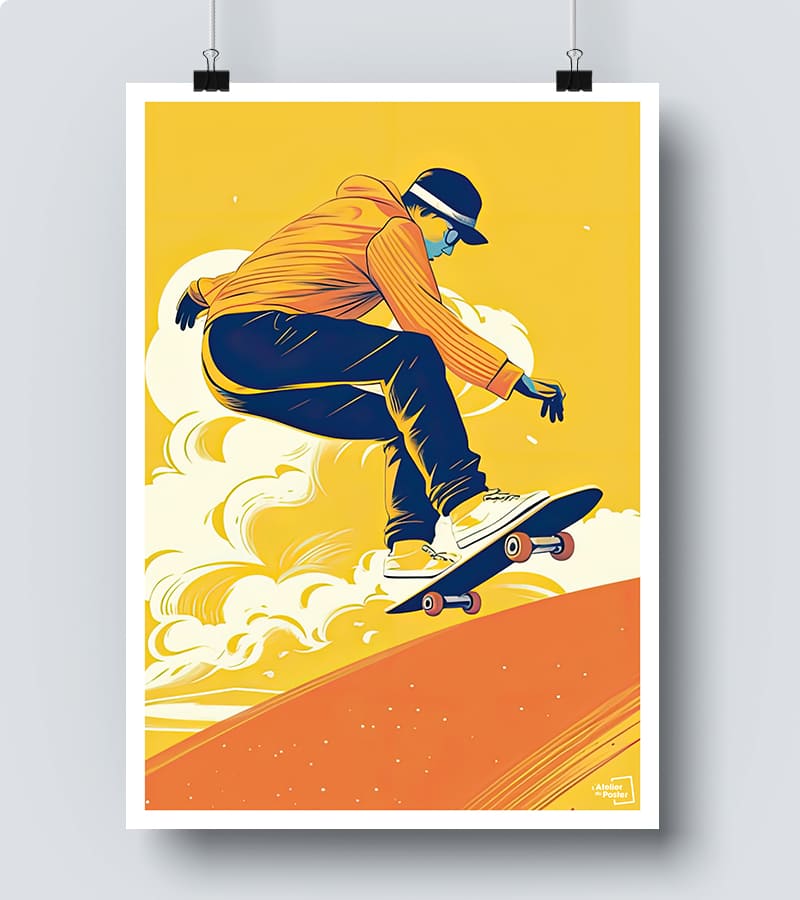 Poster Aquarelle Skateboarder - Style Street Art - Impression Haute Qualité - Déco Murale Moderne